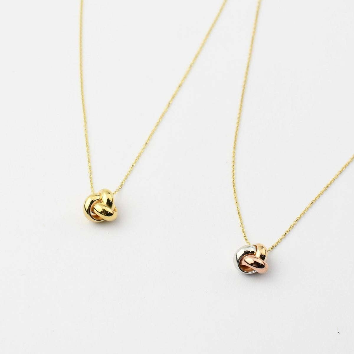 14K Solid Gold Love Knot Necklace – Dainty Yellow Gold or Three-Tone Knot Necklace - Sash Jewelry