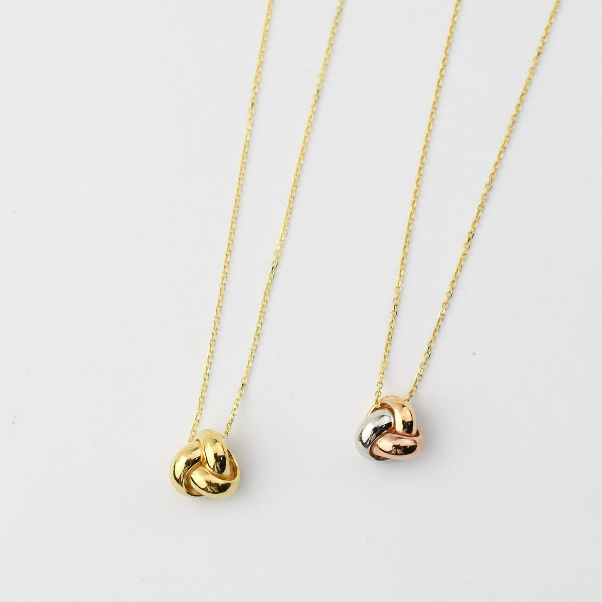 14K Solid Gold Love Knot Necklace – Dainty Yellow Gold or Three-Tone Knot Necklace - Sash Jewelry