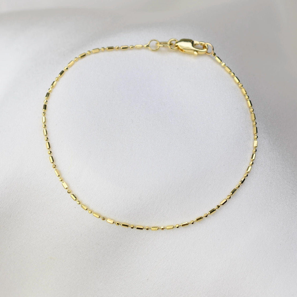 14K Solid Gold Minimal Bead & Cylinder Chain Bracelet – Dainty Bracelet - Sash Jewelry