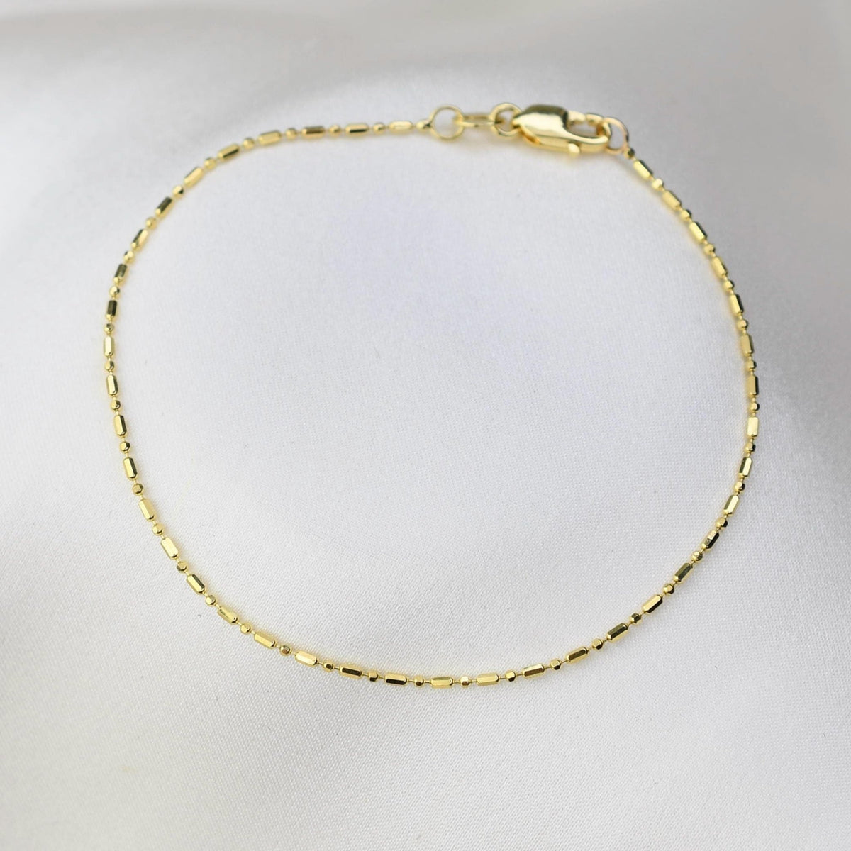 14K Solid Gold Minimal Bead & Cylinder Chain Bracelet – Dainty Bracelet - Sash Jewelry