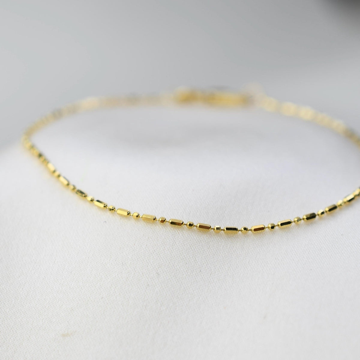 14K Solid Gold Minimal Bead & Cylinder Chain Bracelet – Dainty Bracelet - Sash Jewelry