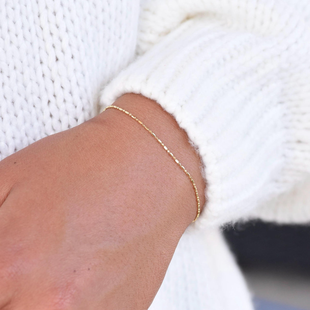 14K Solid Gold Minimal Bead & Cylinder Chain Bracelet – Dainty Bracelet - Sash Jewelry