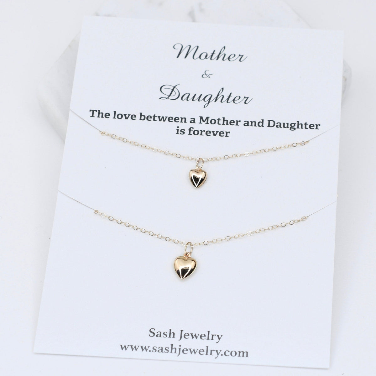 14K Solid Gold Mother Daughter Heart Necklace Set - Sash Jewelry