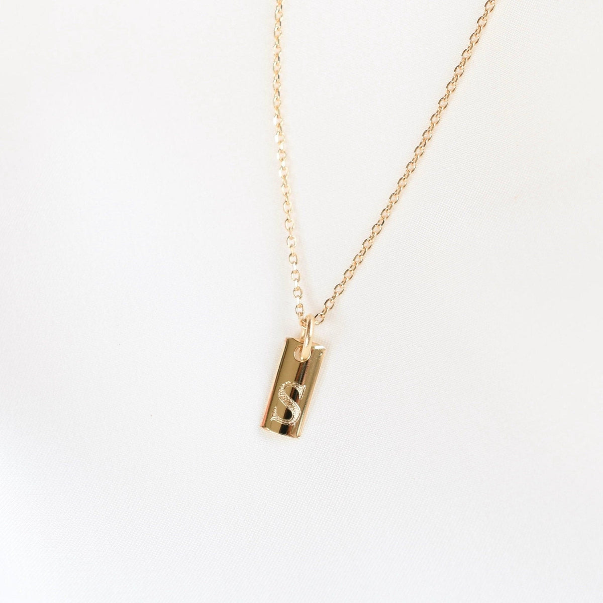 14K Solid Gold Personalized Initial Bar Necklace - Sash Jewelry