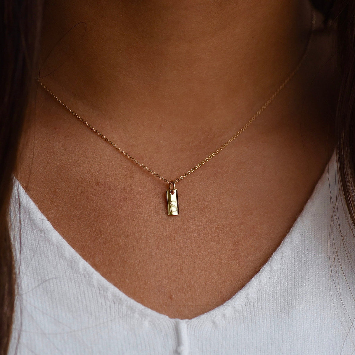 14K Solid Gold Personalized Initial Bar Necklace - Sash Jewelry