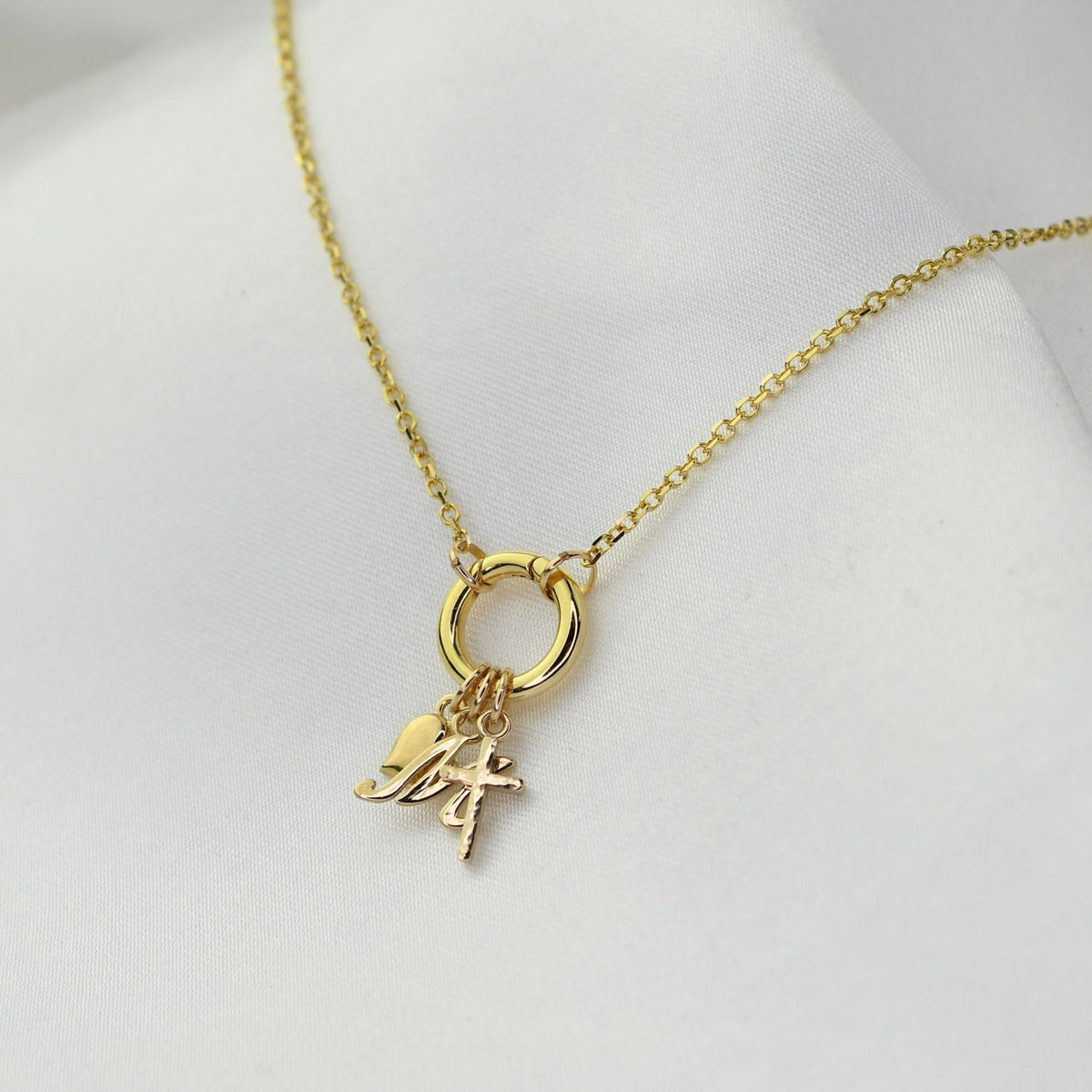 14K Solid Gold Push Lock Charm Holder Necklace – Beveled Cable Chain Charm Necklace - Sash Jewelry