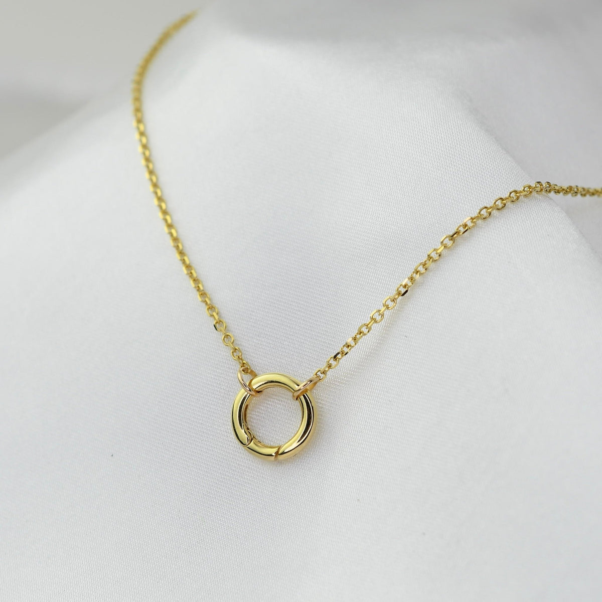 14K Solid Gold Push Lock Charm Holder Necklace – Beveled Cable Chain Charm Necklace - Sash Jewelry
