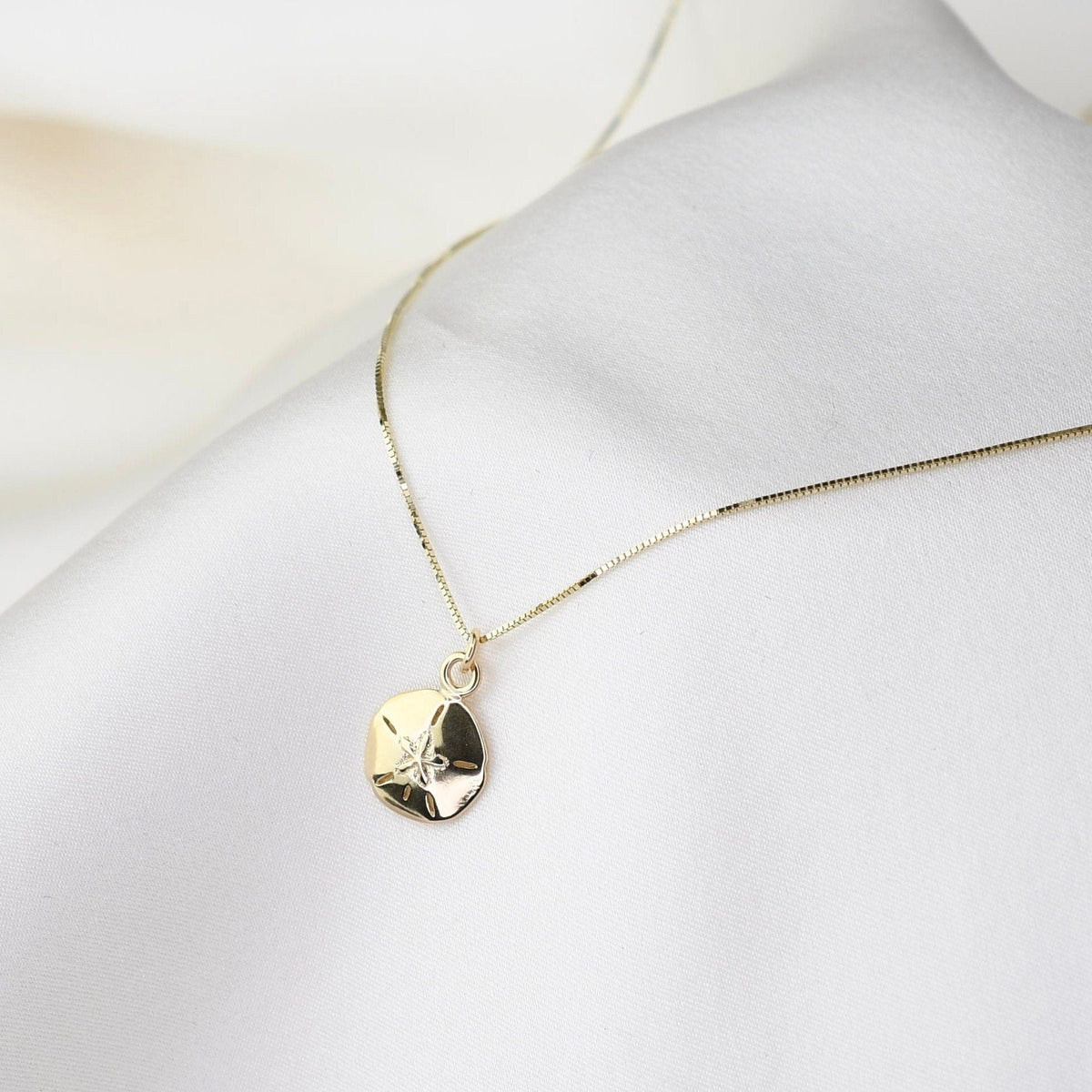 14K Solid Gold Sand Dollar Necklace — Tiny Sand Dollar Pendant - Sash Jewelry