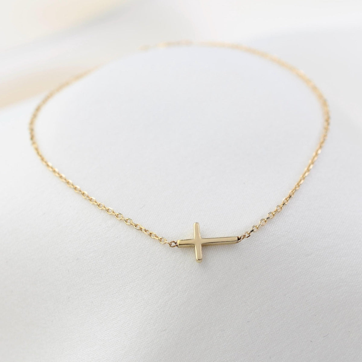 14K Solid Gold Side Cross Bracelet - Sash Jewelry