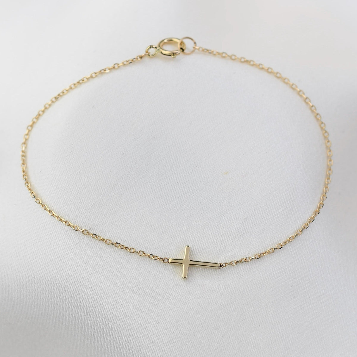 14K Solid Gold Side Cross Bracelet - Sash Jewelry