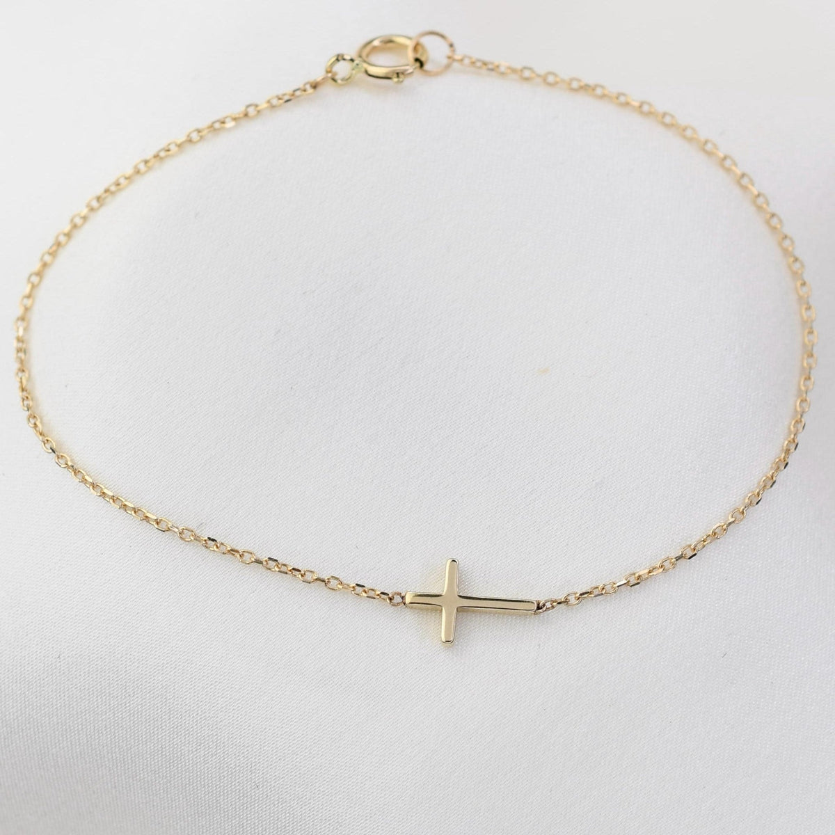 14K Solid Gold Side Cross Bracelet - Sash Jewelry