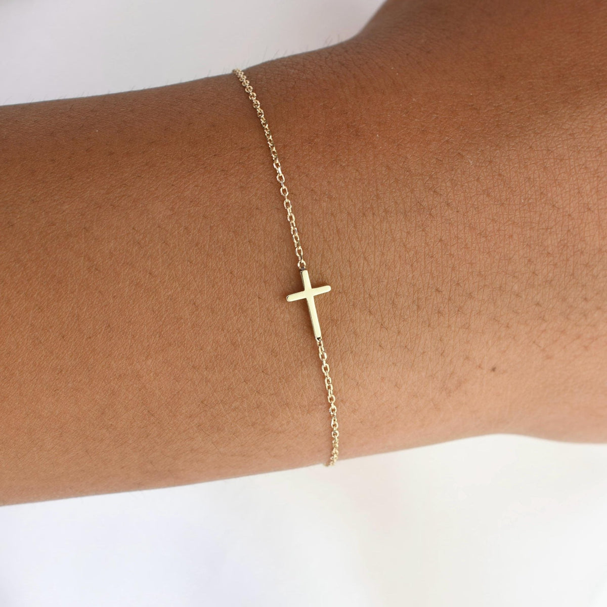 14K Solid Gold Side Cross Bracelet - Sash Jewelry