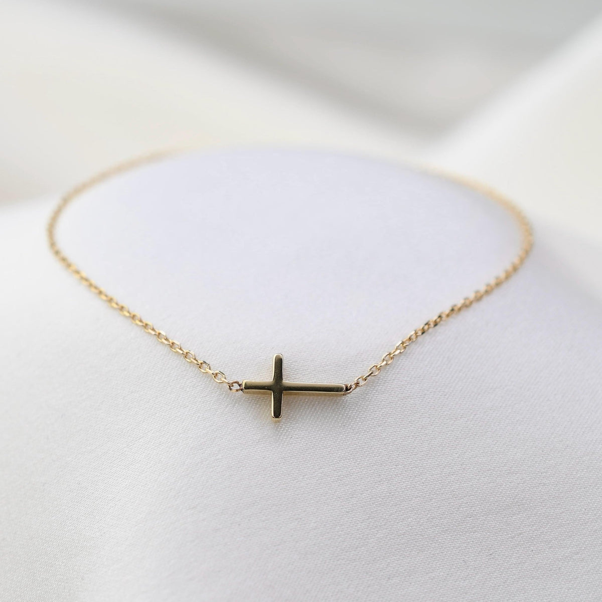 14K Solid Gold Side Cross Bracelet - Sash Jewelry