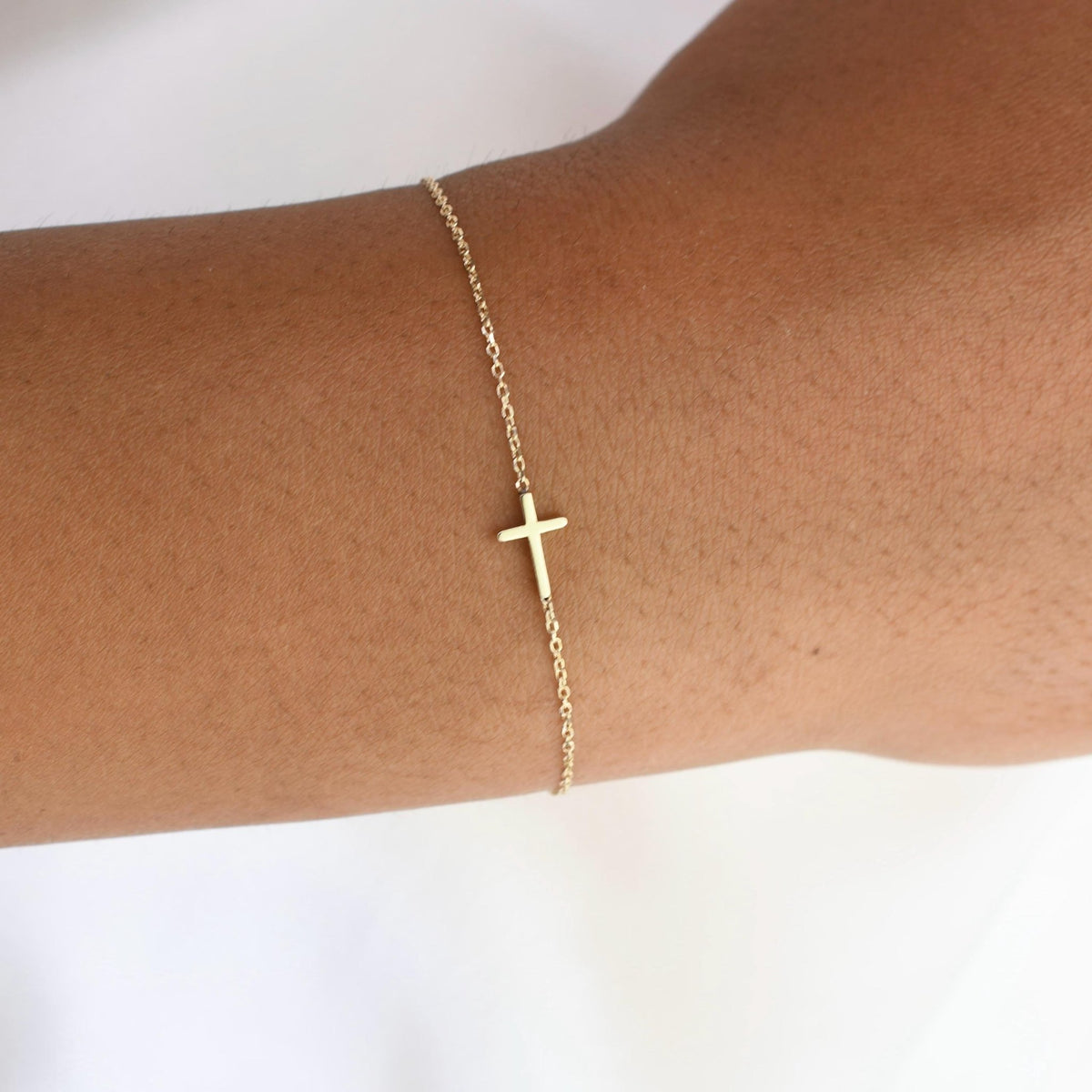 14K Solid Gold Side Cross Bracelet - Sash Jewelry