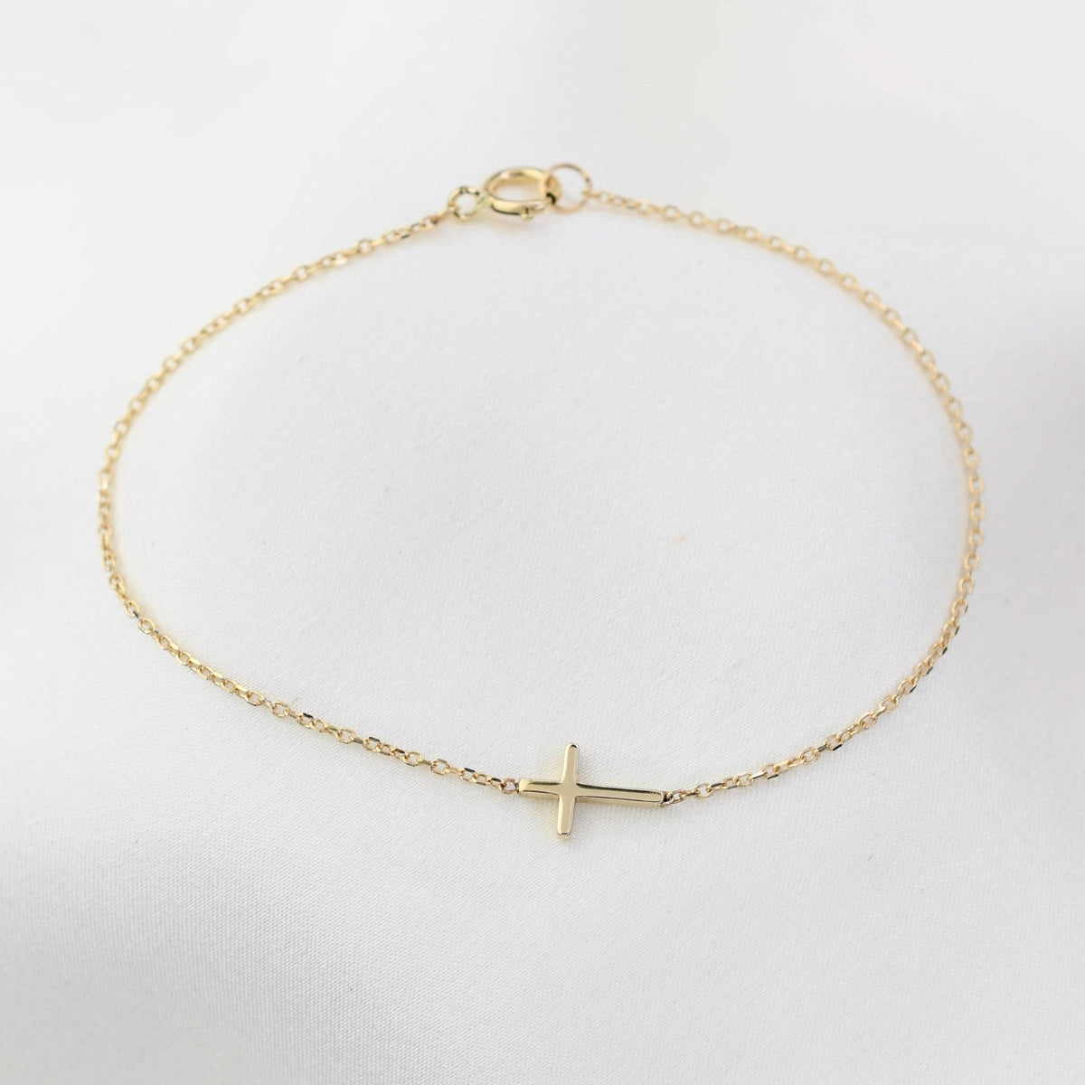 14K Solid Gold Side Cross Bracelet - Sash Jewelry