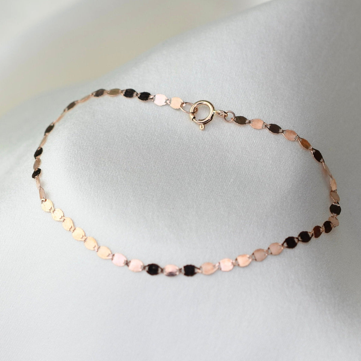 14K Solid Gold Sparkle Bracelet – Dainty Oval Mirror Link Chain Bracelet - Sash Jewelry