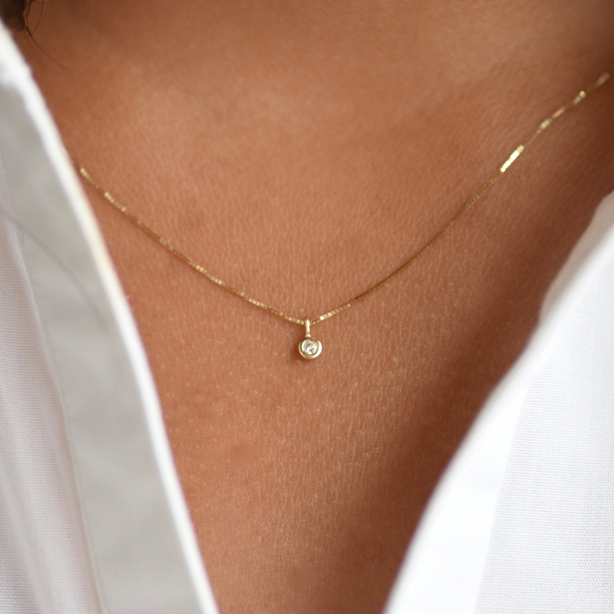 14K Solid Gold Tiny Diamond Charm Necklace – Dainty Minimal Diamond Necklace - Sash Jewelry