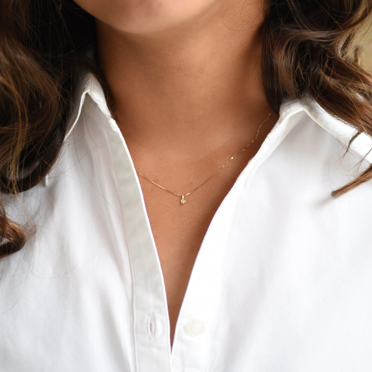 14K Solid Gold Tiny Diamond Charm Necklace – Dainty Minimal Diamond Necklace - Sash Jewelry