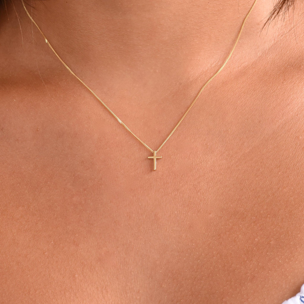 14K Solid Gold Tiny Floating Cross Necklace - Sash Jewelry