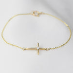 14K Yellow Gold Side Cross Bracelet with CZ – Dainty Religious Jewelry, Minimalist Faith Bracelet for Women - Sash Jewelry