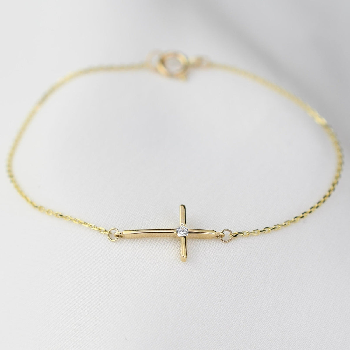 14K Yellow Gold Side Cross Bracelet with CZ – Dainty Religious Jewelry, Minimalist Faith Bracelet for Women - Sash Jewelry