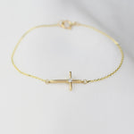 14K Yellow Gold Side Cross Bracelet with CZ – Dainty Religious Jewelry, Minimalist Faith Bracelet for Women - Sash Jewelry