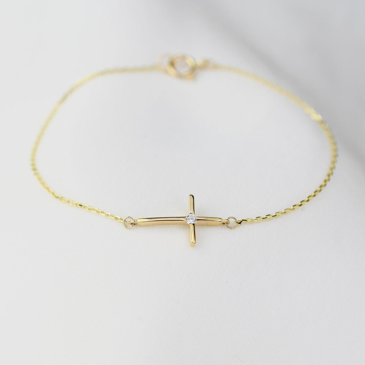 14K Yellow Gold Side Cross Bracelet with CZ – Dainty Religious Jewelry, Minimalist Faith Bracelet for Women - Sash Jewelry