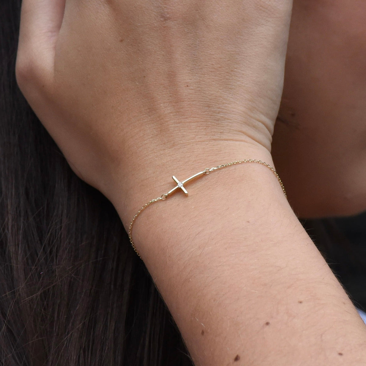 14K Yellow Gold Side Cross Bracelet with CZ – Dainty Religious Jewelry, Minimalist Faith Bracelet for Women - Sash Jewelry