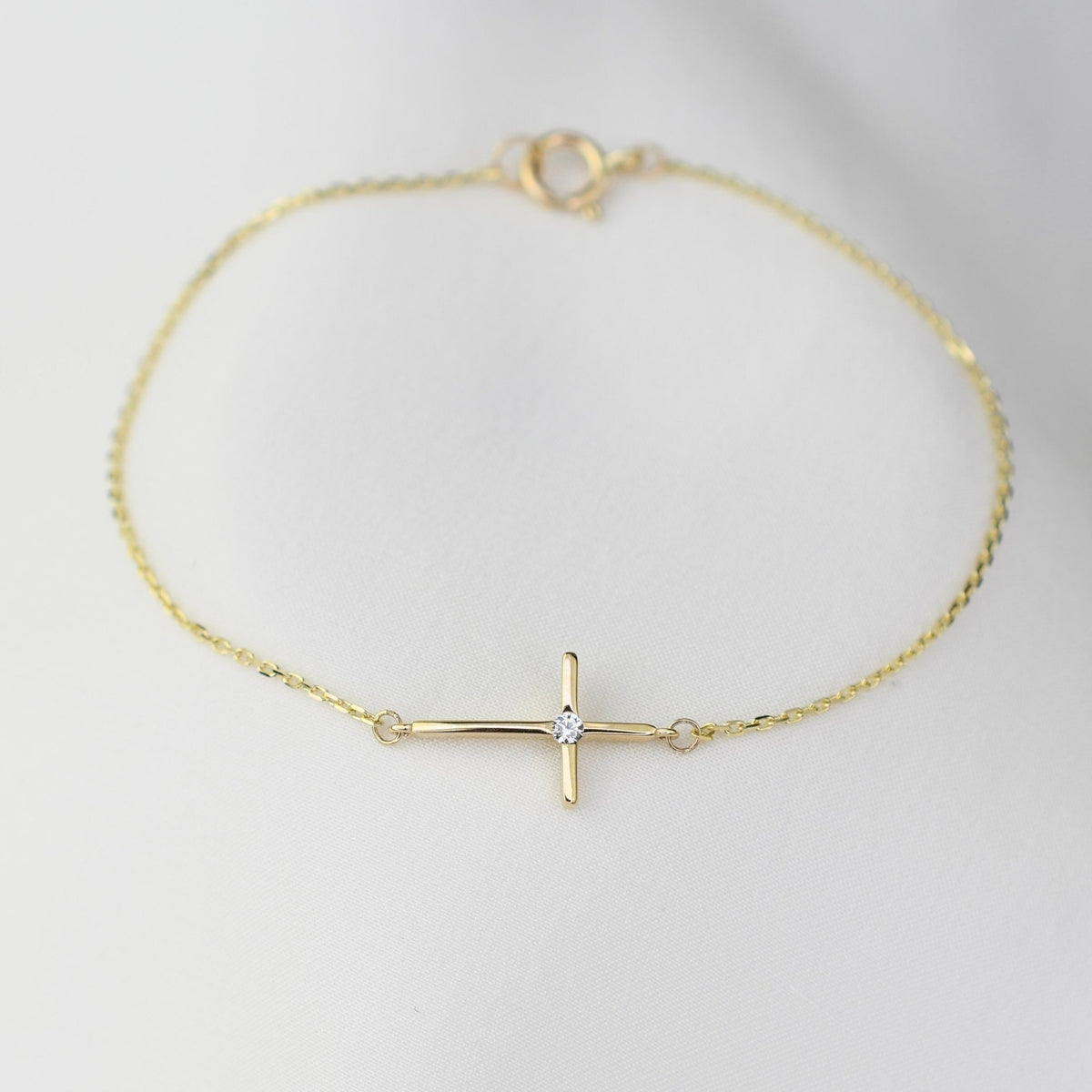 14K Yellow Gold Side Cross Bracelet with CZ – Dainty Religious Jewelry, Minimalist Faith Bracelet for Women - Sash Jewelry