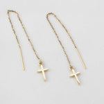 14K gold cross threader earrings with tiny cross charms