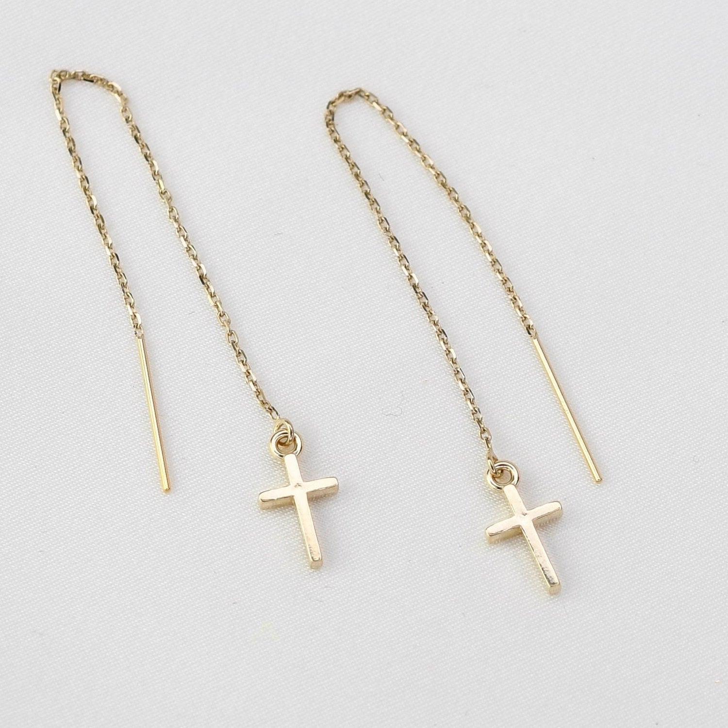 14K gold cross threader earrings with tiny cross charms