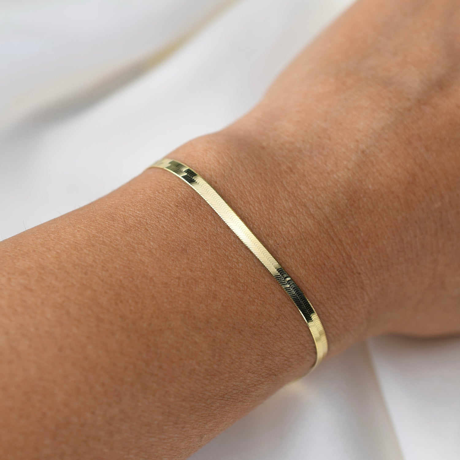14K Gold Herringbone Chain Bracelet | Solid Gold 3mm Flat Chain Bracelet