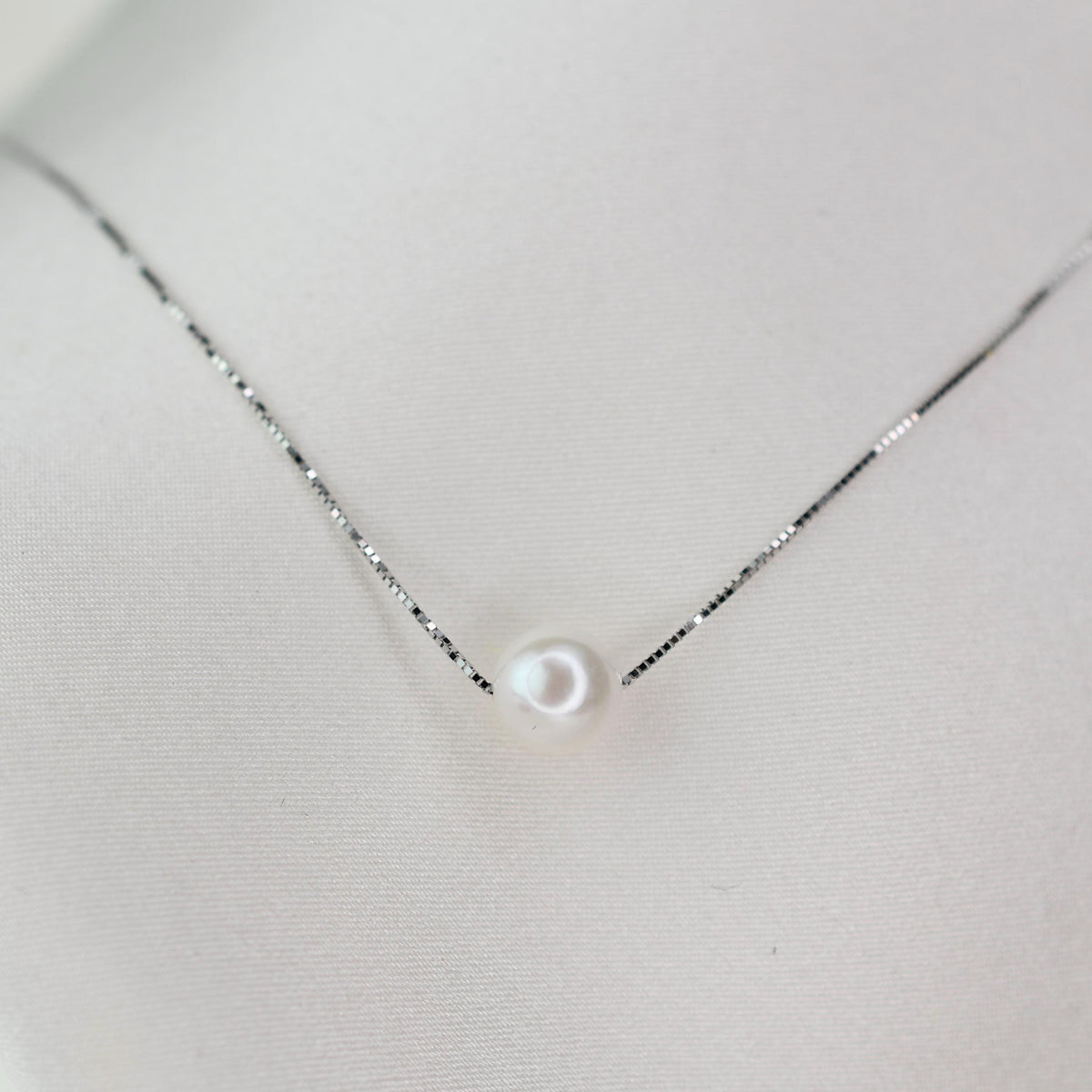 14K Gold Akoya Pearl Necklace: Delicate Box Chain - Sash Jewelry