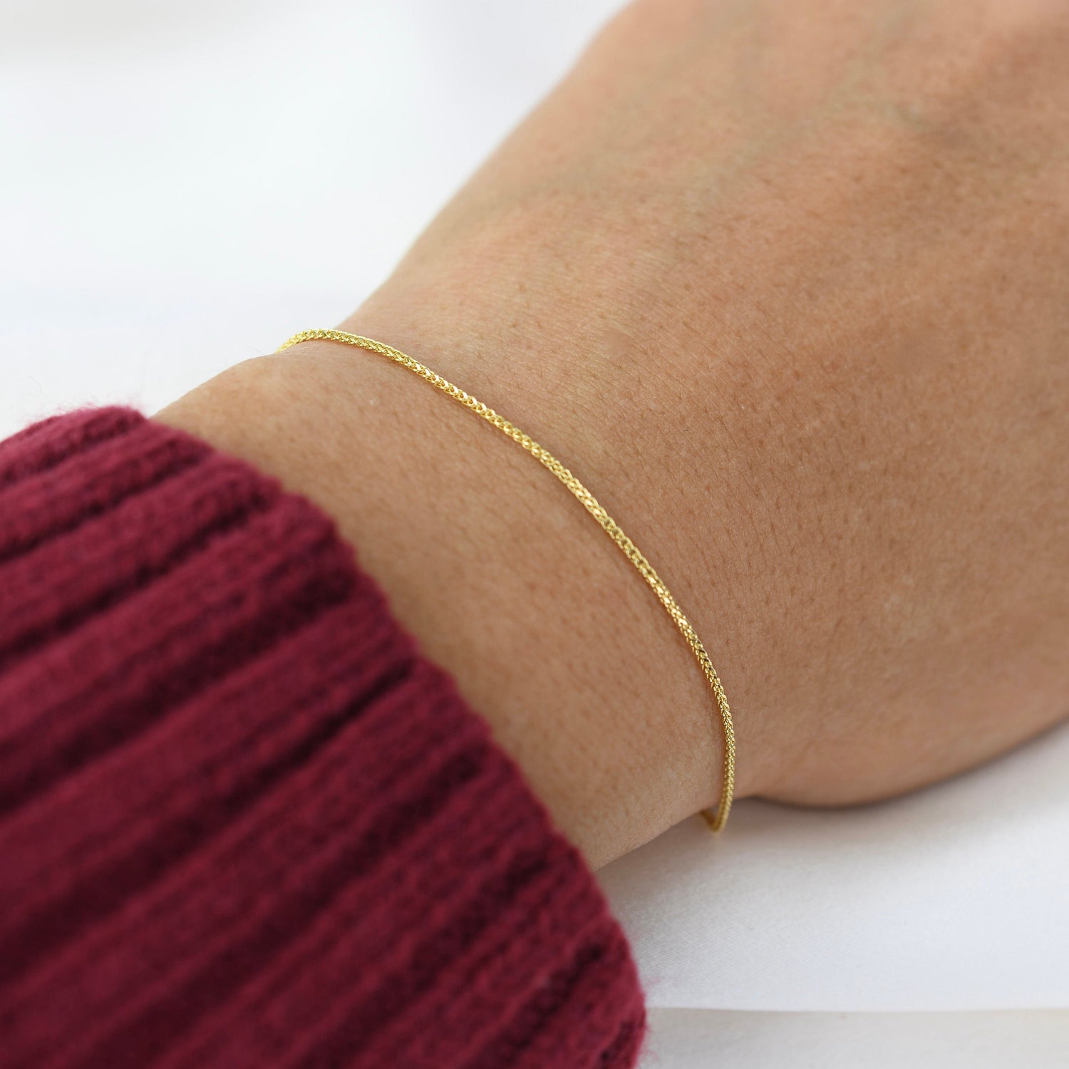 14K Gold Wheat Chain Bracelet with Tiny Heart Charm - Sash Jewelry