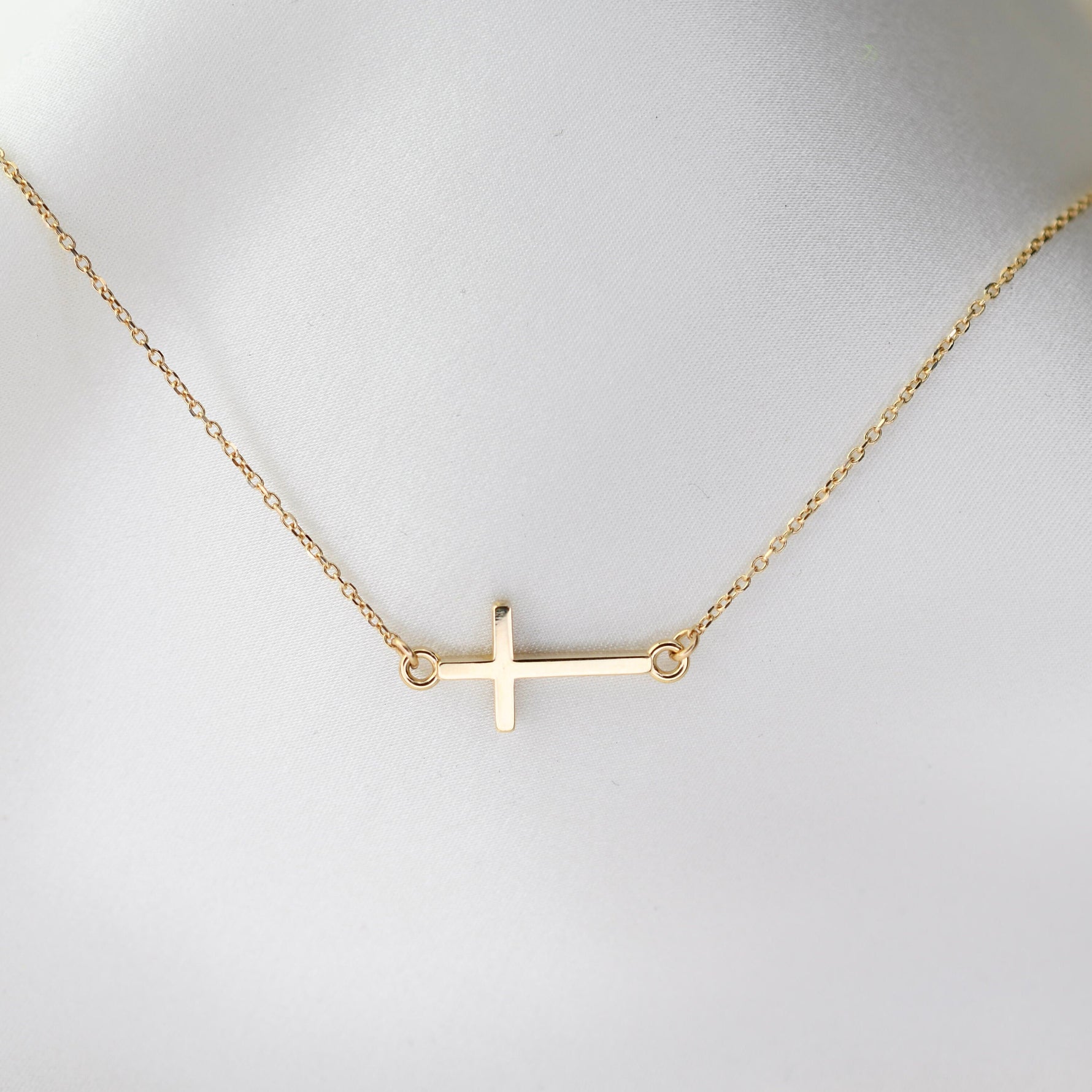 14k Gold Sideways Cross Necklace, Religious Jewelry, Mothers Gift - Sash Jewelry