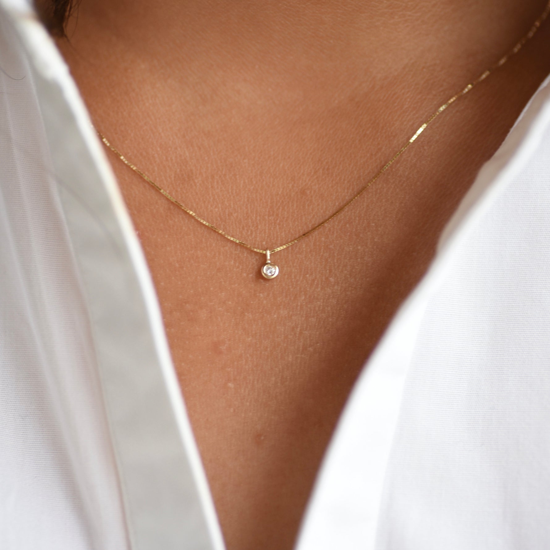 14K Solid Gold Tiny Diamond Charm Necklace – Dainty Minimal Diamond Necklace - Sash Jewelry