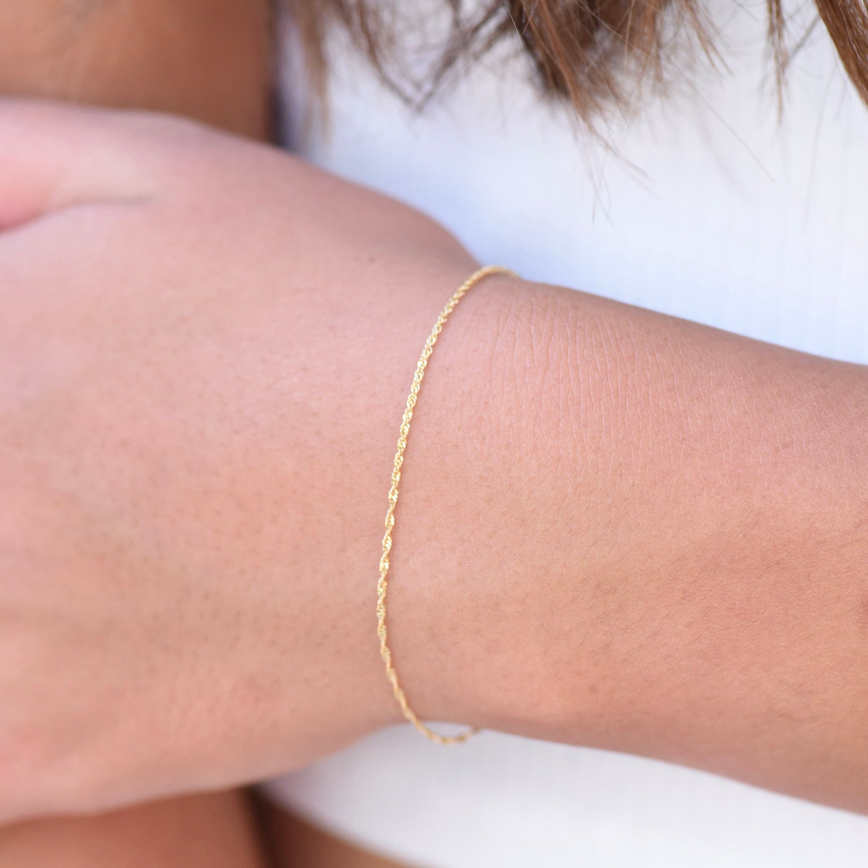 14K gold dainty sparkle chain bracelet with twisted Singapore chain
