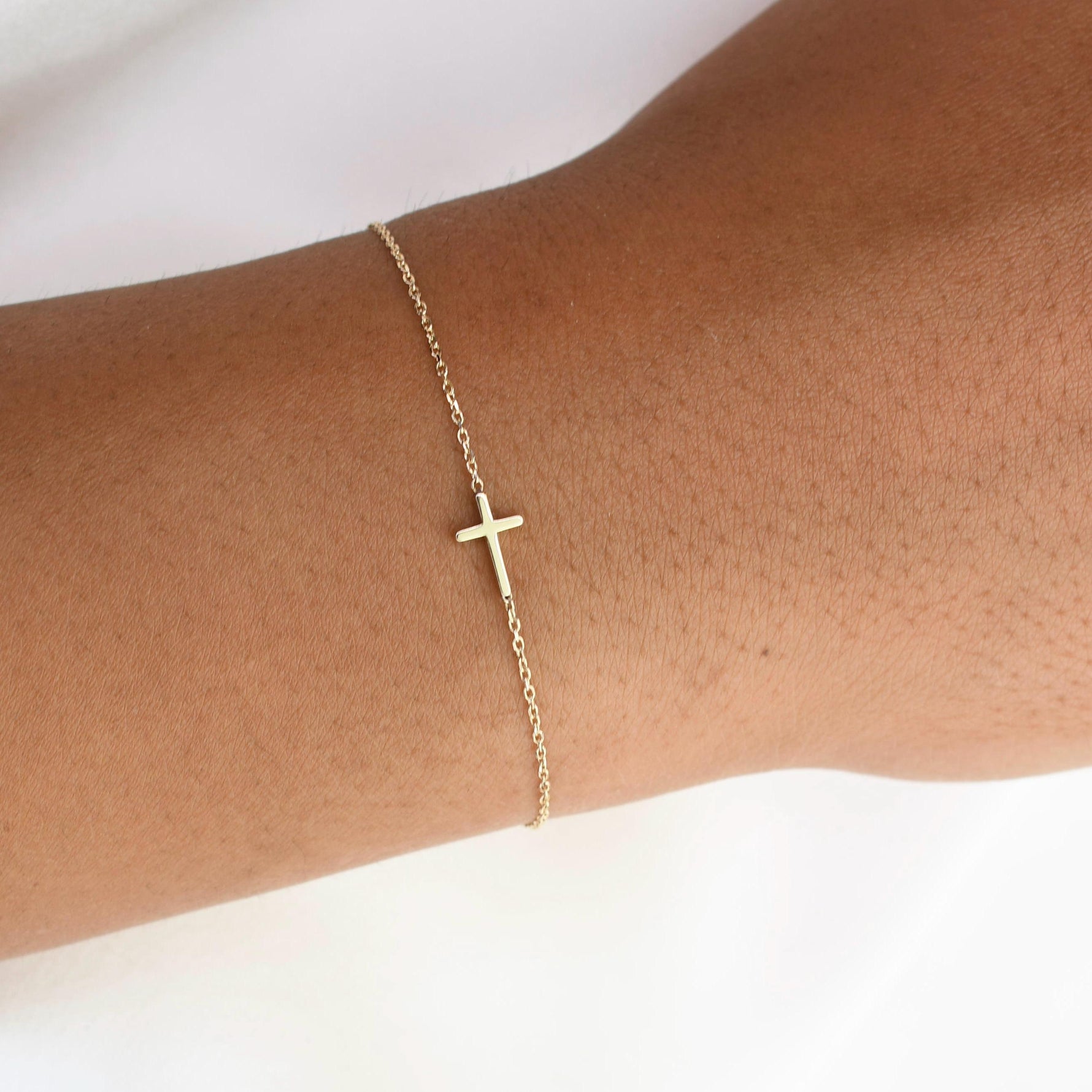 14K Solid Gold Side Cross Bracelet: Minimalist Christian Jewelry - Sash Jewelry