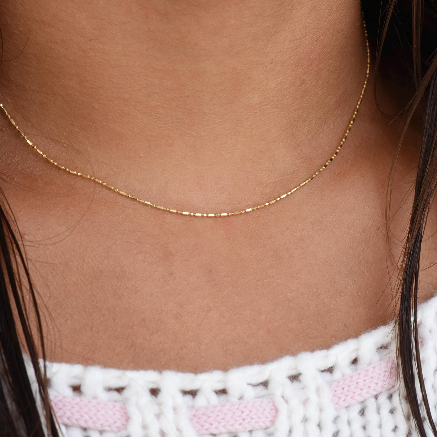 14K Gold Cylinder & Round Bead Necklace – Delicate Layering Jewelry