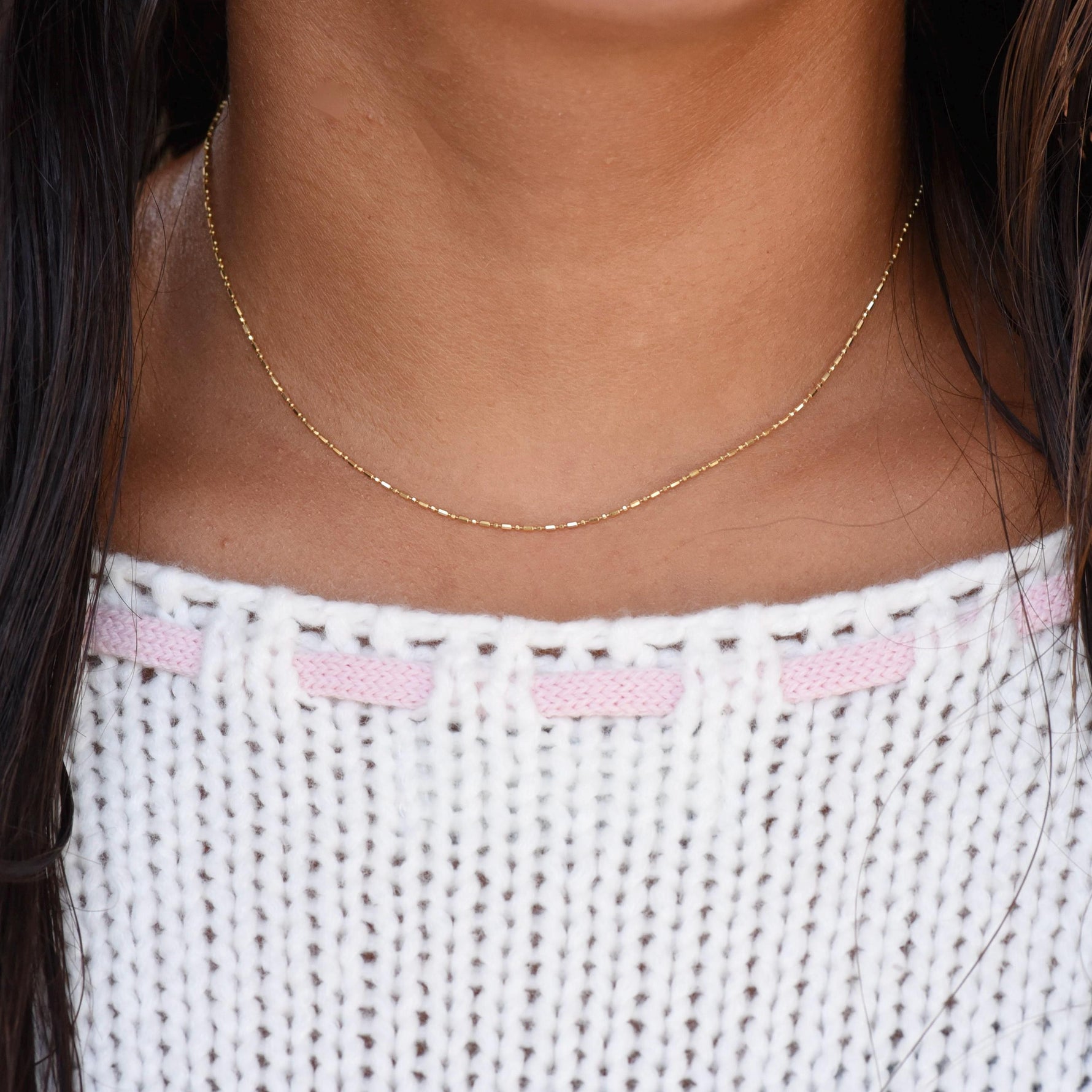 14K Gold Cylinder & Round Bead Necklace – Delicate Layering Jewelry - Sash Jewelry