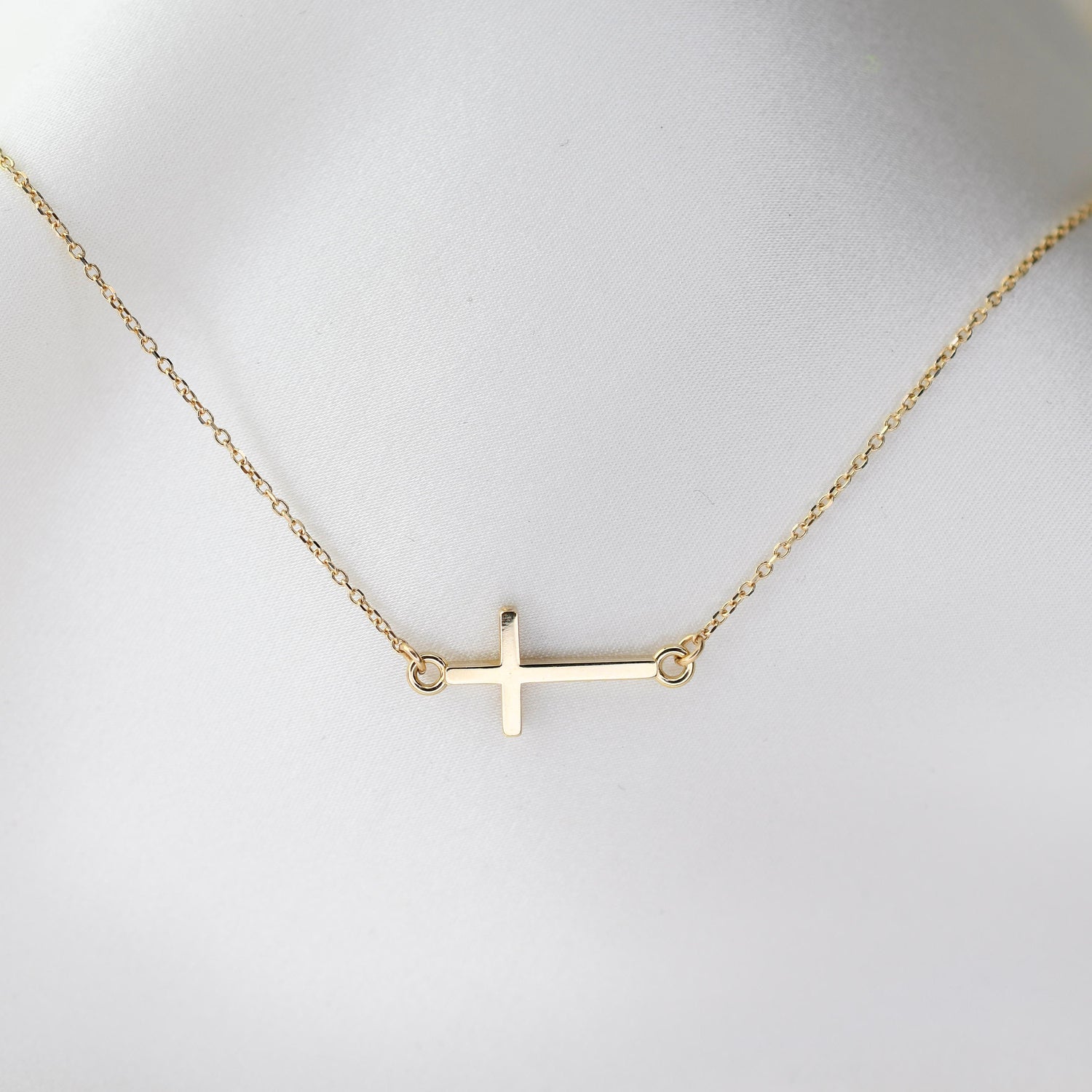 14k Gold Sideways Cross Necklace, Religious Jewelry, Mothers Gift - Sash Jewelry