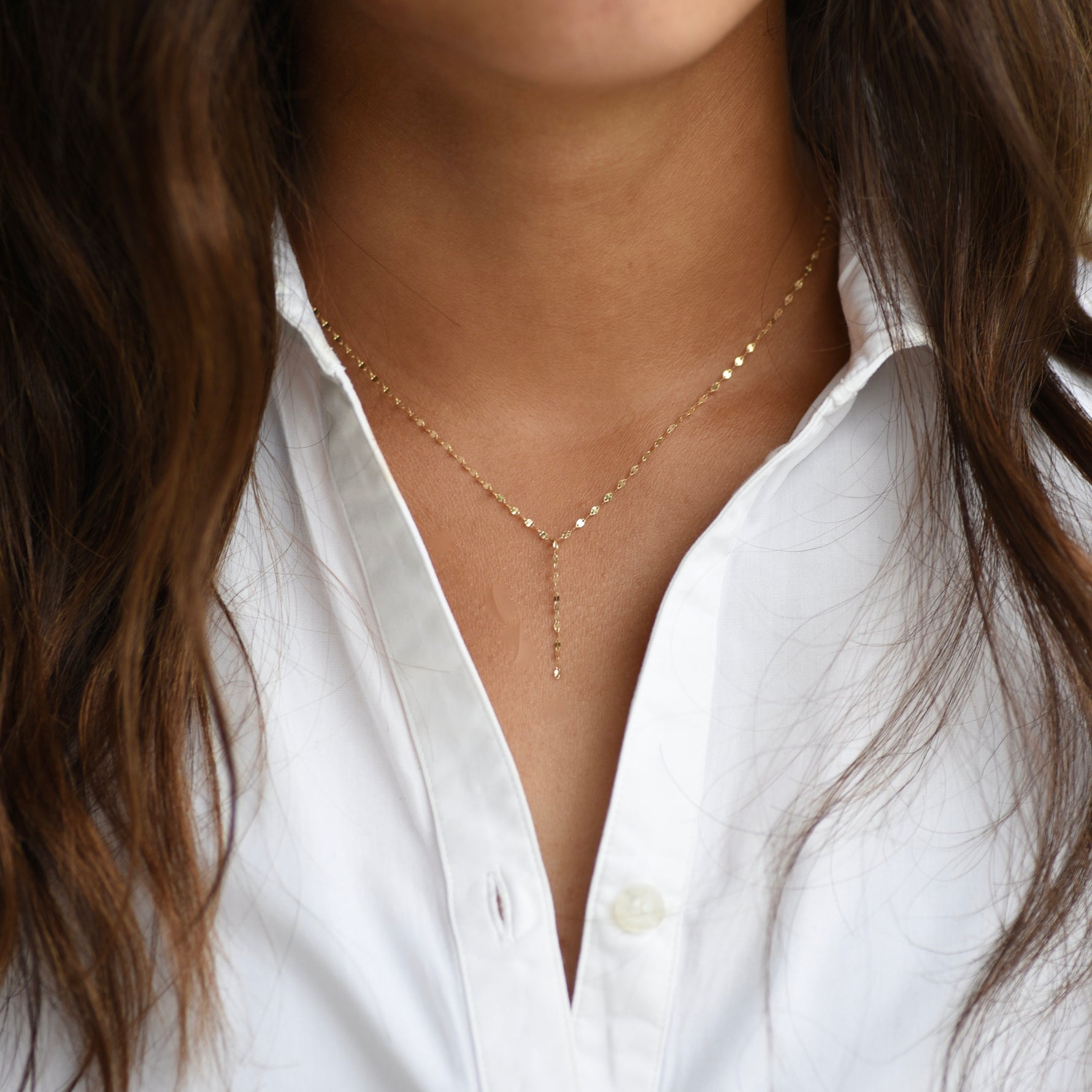 14K Gold Delicate Sparkle Y Necklace - Sash Jewelry