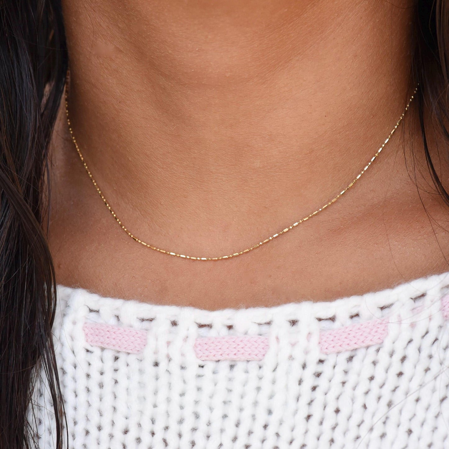 14K Gold Cylinder & Round Bead Necklace – Delicate Layering Jewelry