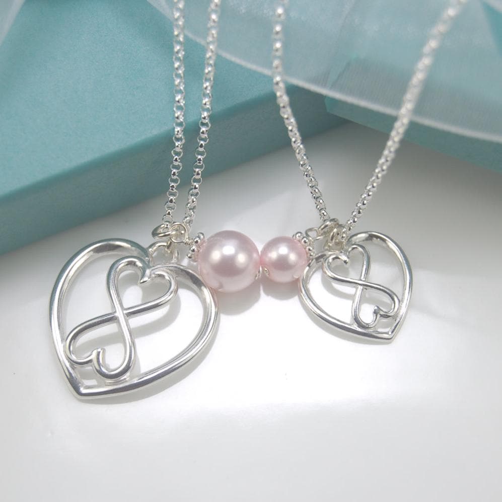 Mother Daughter heart Infinity necklace set, Heart Infinity necklaces, Silver Infinity, Pink Pearl Necklace - Sash Jewelry