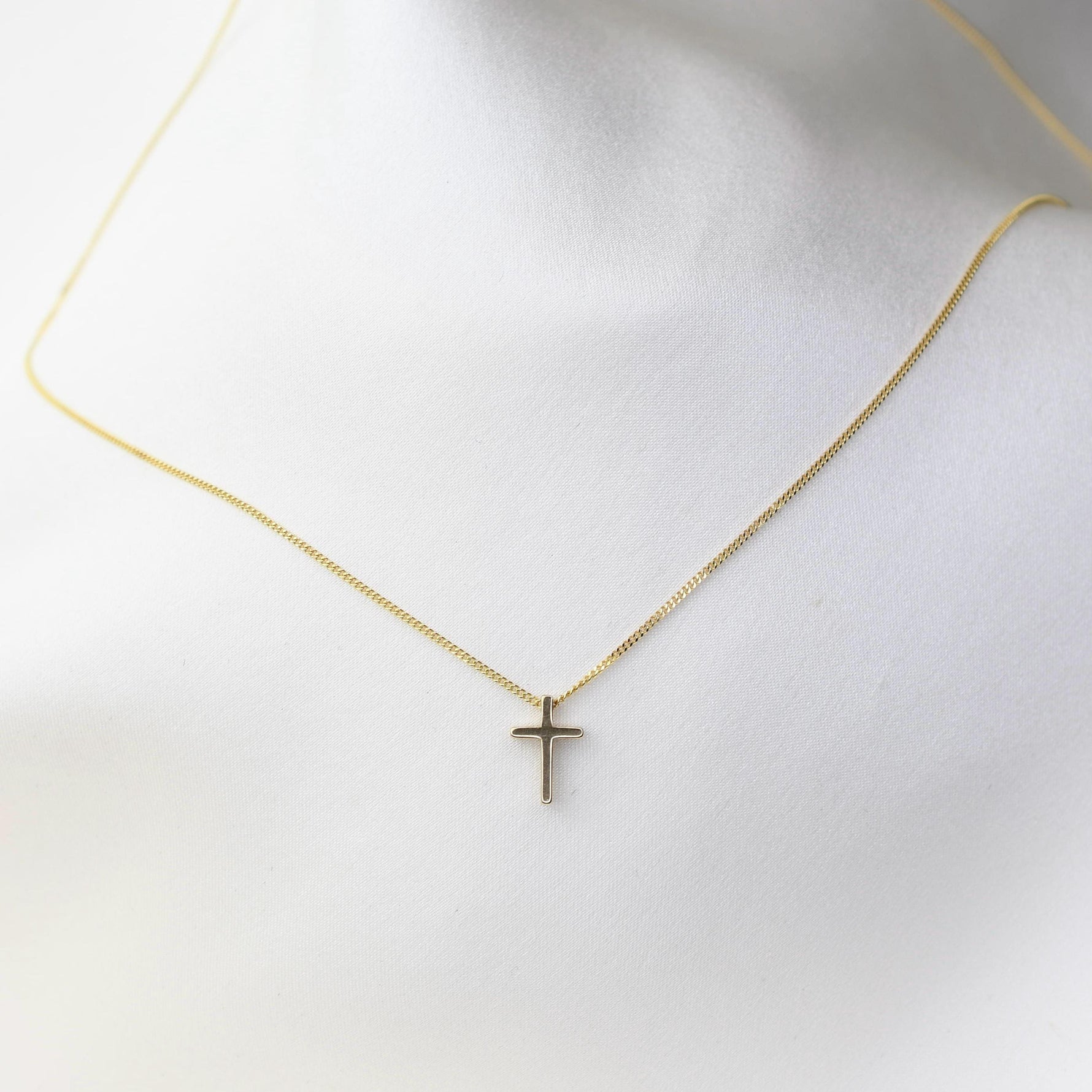 14K Solid Gold Floating Cross Necklace: Minimalist Curb Chain - Sash Jewelry