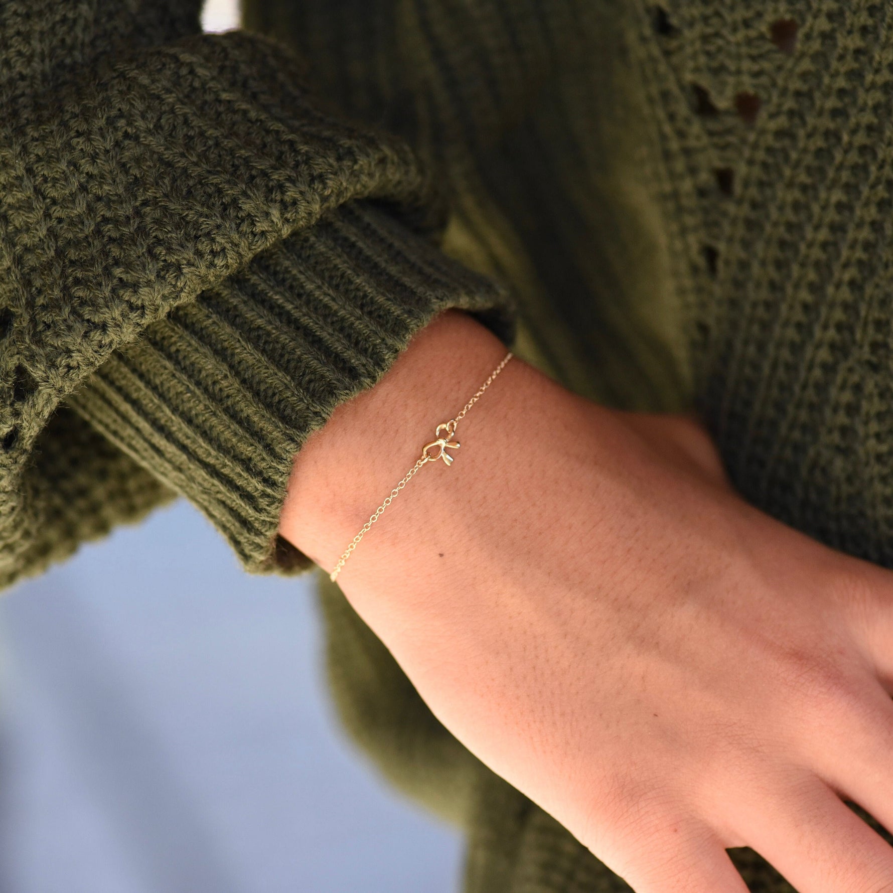 14K Gold Bow Bracelet - 14K Gold Tiny Bow Charm Bracelet - Sash Jewelry
