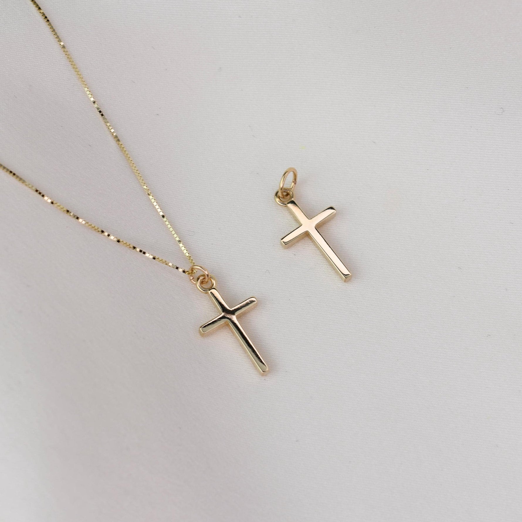 14K Gold Small Cross Necklace: Dainty Box Chain - Sash Jewelry
