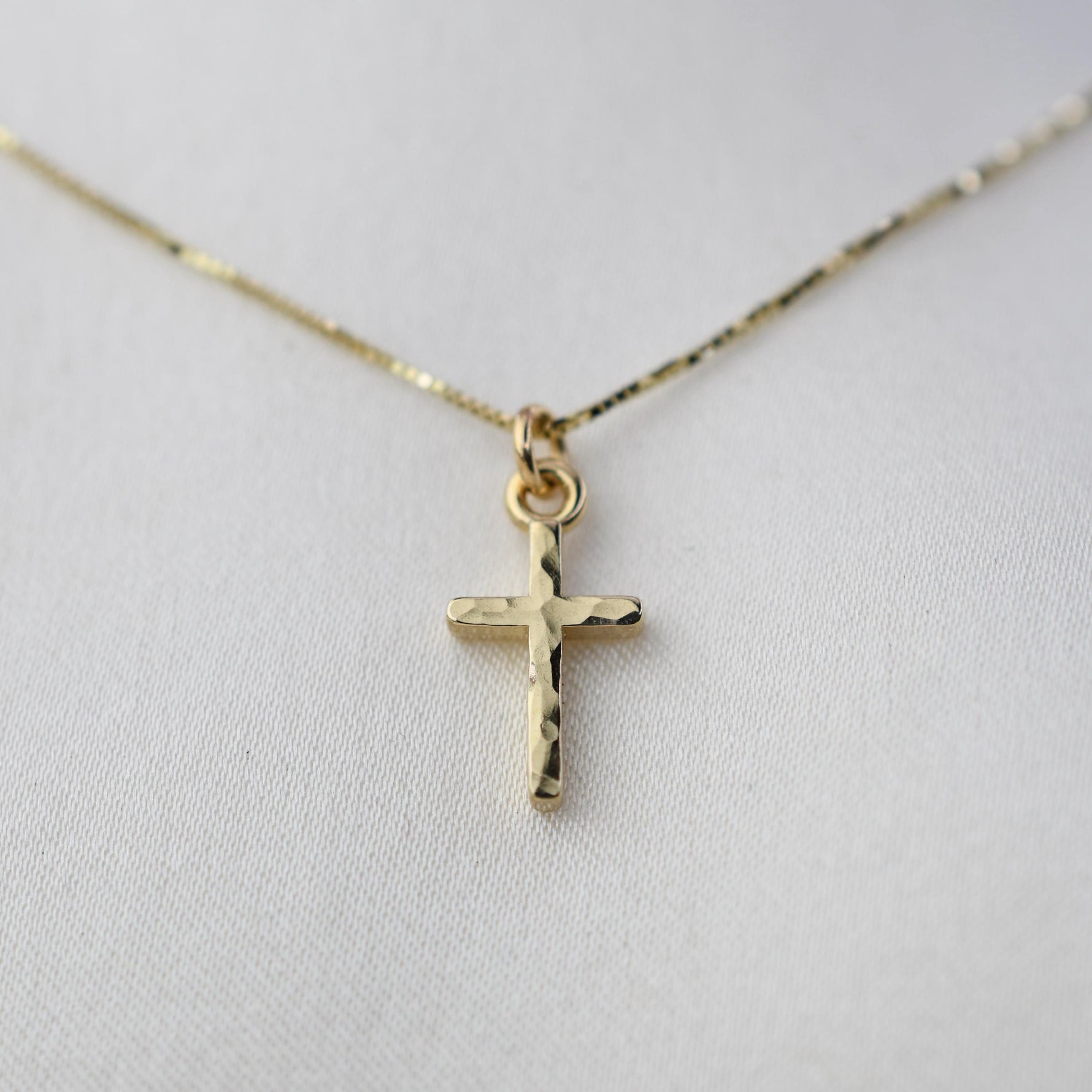 14K Gold Tiny Hammered Cross Necklace - Sash Jewelry