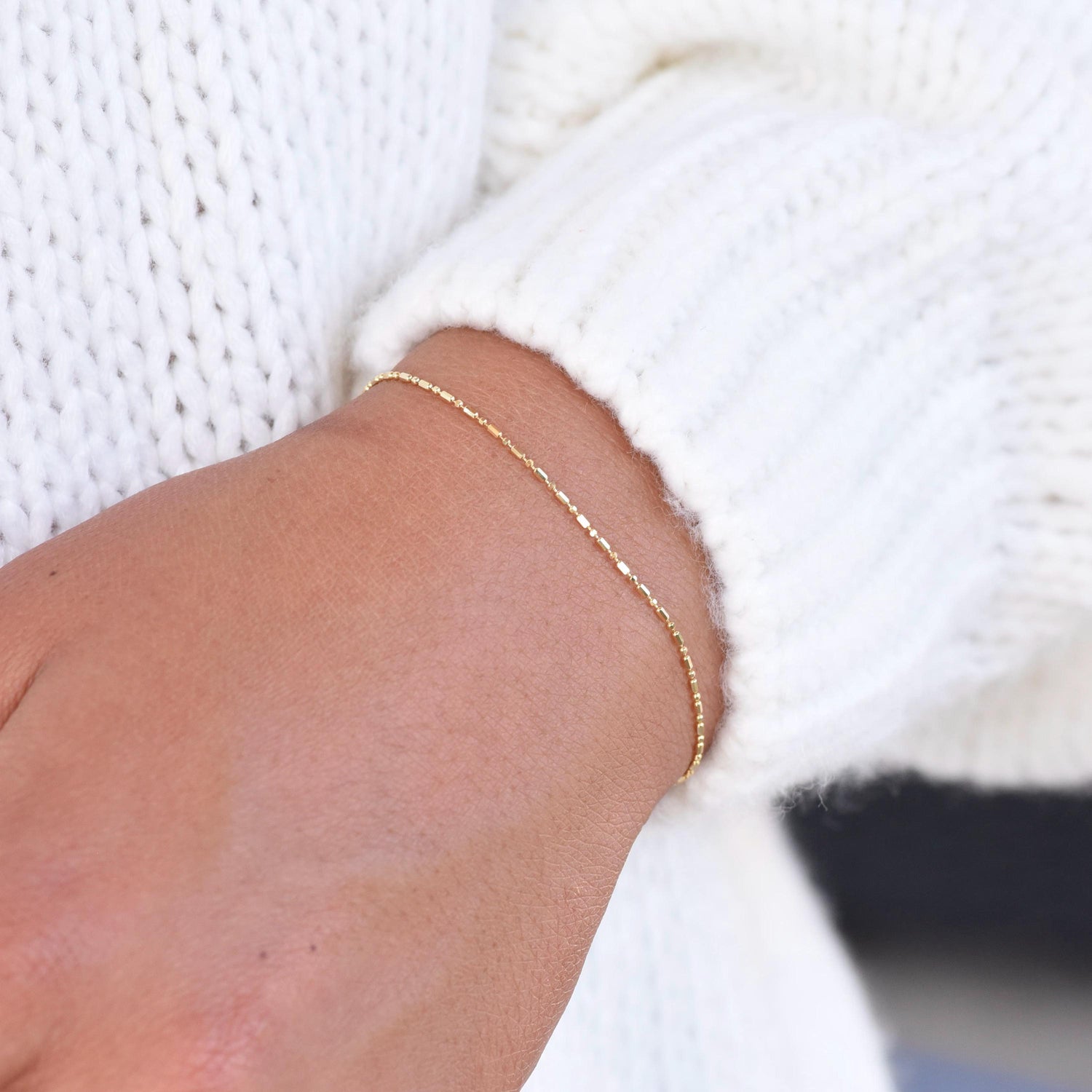 14K Gold 0.9mm Alternating Cylinder and Round Bead Chain Bracelet - Sash Jewelry