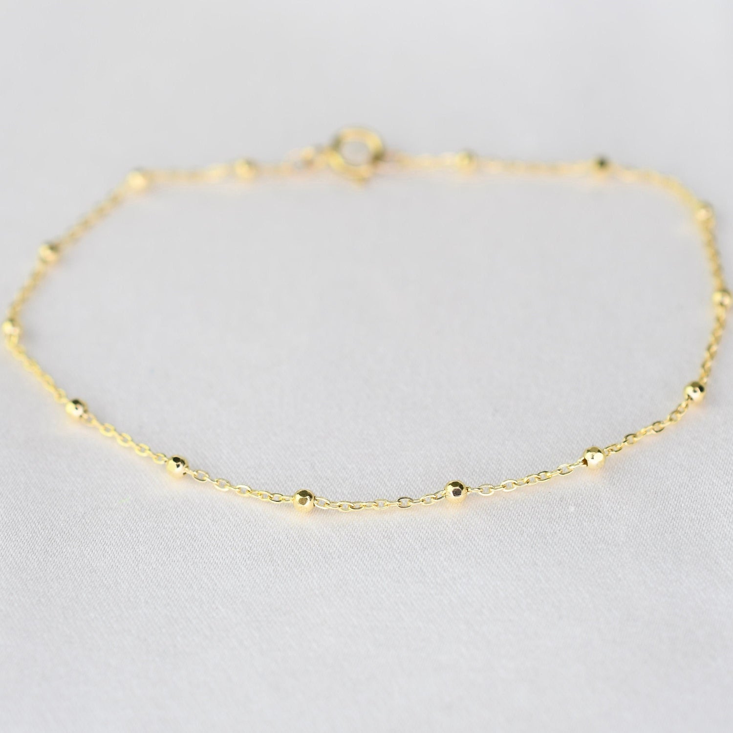 14K solid gold delicate beaded bracelet on cable chain